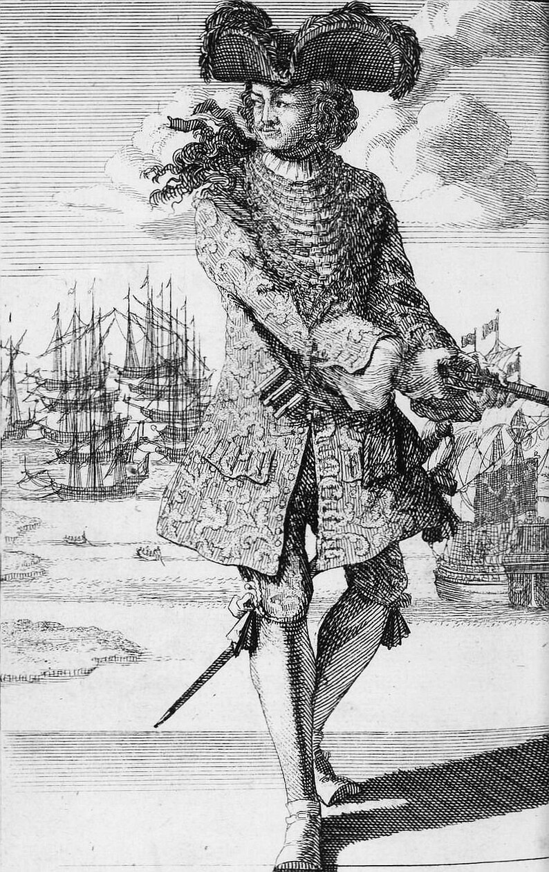 May include: A black and white engraving of a man in a feathered hat and ornate clothing. He is standing with his right hand on his hip and his left hand holding a sword. There are ships in the background.