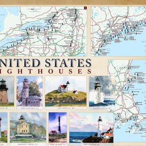 May include: A poster featuring watercolor illustrations of lighthouses from around the United States. The poster includes maps showing the locations of the lighthouses. The text "UNITED STATES LIGHTHOUSES" is printed at the top of the poster.