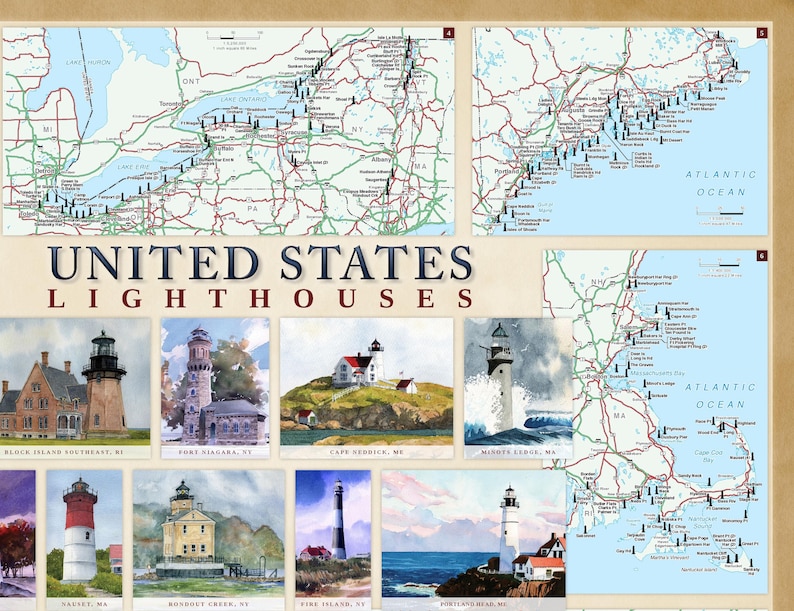 May include: A poster featuring watercolor illustrations of lighthouses from around the United States. The poster includes maps showing the locations of the lighthouses. The text "UNITED STATES LIGHTHOUSES" is printed at the top of the poster.