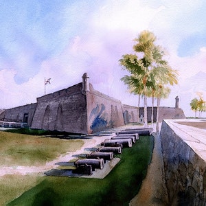 Castillo de San Marcos Fort, St. Augustine, Floride. Impressions à l’aquarelle et cartes de notes de James Mann.