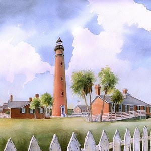 Paysage du phare et du musée de Ponce Inlet, Floride. Impressions d'art aquarelle James Mann, cartes pour correspondance
