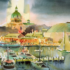 Annapolis Waterfront & Naval Academy Chapel, Maryland. Radiant evening landscape. Ego Alley boats. James Mann watercolor prints, notecards.