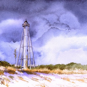 Phare de l'île Gasparilla, Boca Grande, côte du golfe de Floride. Ciel d'orage au-dessus de la plage. James Mann, aquarelles paysages, cartes pour correspondance