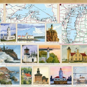 May include: A collection of 16 watercolor paintings depicting lighthouses from around the Great Lakes region. Each painting features a lighthouse with a unique design and setting, including rocky shores, sandy beaches, and forested landscapes. The paintings are arranged in a grid pattern on a white background.