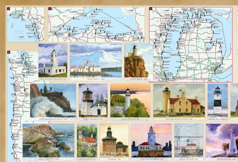 May include: A collection of 16 watercolor paintings depicting lighthouses from around the Great Lakes region. Each painting features a lighthouse with a unique design and setting, including rocky shores, sandy beaches, and forested landscapes. The paintings are arranged in a grid pattern on a white background.