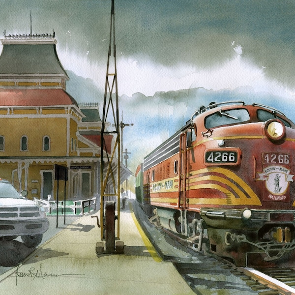 Boston-Maine RR Art Deco Streamliner Train, Conway Scenic Railroad Depot, New Hampshire. James Mann watercolor landscape prints, notecards