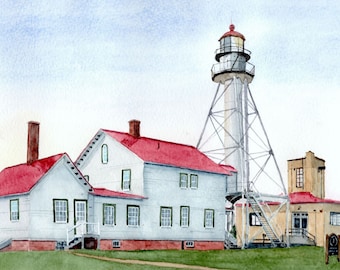 Faro de Whitefish Point y museo del naufragio de los Grandes Lagos, Península superior de Michigan. El lago superior. Impresiones de acuarela de Rob Thorpe, tarjetas de notas
