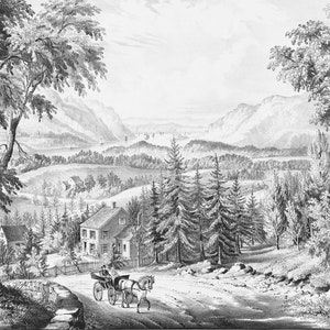 Hudson Highlands de Garrison, New York. Paysage fluvial romantique de l'époque victorienne par Currier & Ives. De nouvelles impressions et de nouvelles cartes pour s'amuser à colorier !