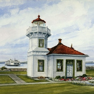 Mukilteo Lighthouse & Ferry, Puget Sound, Washington. Gerald Hill watercolor landscape art prints, notecards image 2