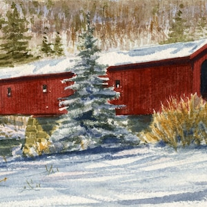 May include: A red covered bridge with a snow-covered roof stands in a wintery landscape. The bridge is made of wood and has a stone foundation. A tall evergreen tree stands in front of the bridge, and the ground is covered in snow.