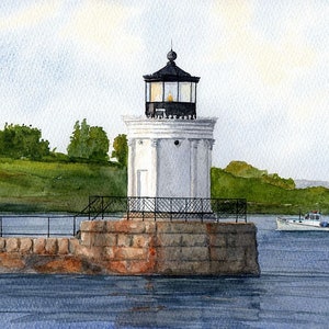 Portland Breakwater Lighthouse, South Portland, Maine. Bug Light & lobster boat in summer landscape. Rob Thorpe watercolor prints, notecards