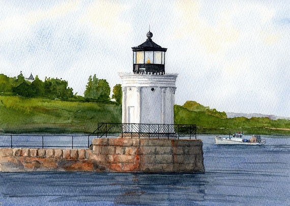 Portland Breakwater Lighthouse, South Portland, Maine. Bug Light & lobster boat in summer landscape. Rob Thorpe watercolor prints, notecards