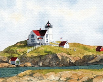 Cape Neddick "Nubble" Lighthouse, Sohier Park, York Beach, Maine. Rob Thorpe watercolor landscape prints & notecards.