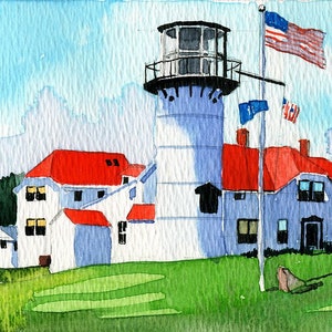 Phare de Chatham et drapeau américain, Cape Cod, Massachusetts. Joyeux paysage de la station des garde-côtes. Impressions aquarelle Peter M. Mason, cartes de correspondance.