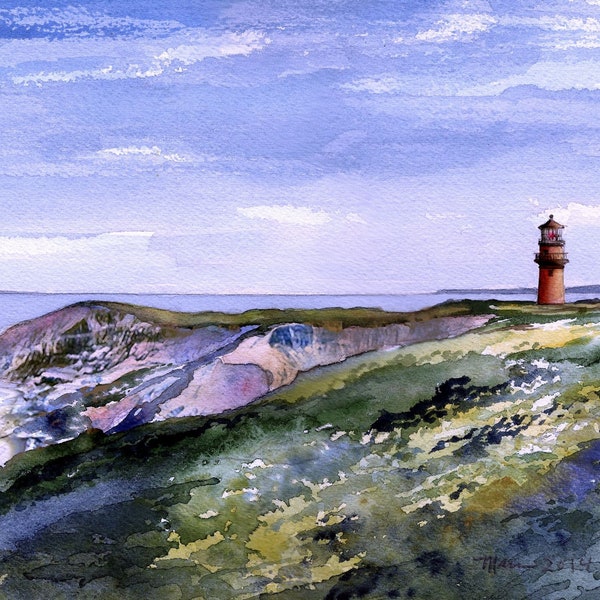 Gay Head Lighthouse & Aquinnah Cliffs, Martha's Vineyard, Massachusetts. Colorful summer landscape. James Mann watercolor prints, notecards.