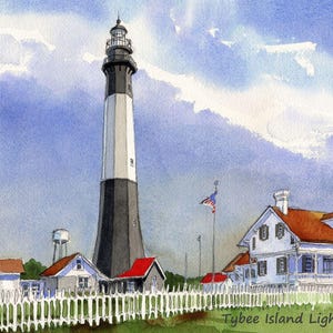 May include: A watercolor painting of the Tybee Island Light Station, featuring a tall black and white lighthouse with a red roof, a white picket fence, and a white house with a red roof and a porch. The painting is set against a blue sky with white clouds.
