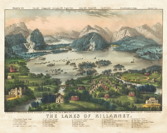 Lakes of Killarney, County Kerry, Ireland. Currier & Ives vintage landscape. New art prints, notecards. St. Patrick's Day gift.