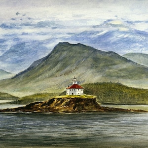 Phare d'Eldred Rock, canal Lynn, Alaska. À l'intérieur de l'île Passage et des montagnes déchiquetées. Gerald Hill, affiches d'art paysage aquarelle, cartes pour correspondance