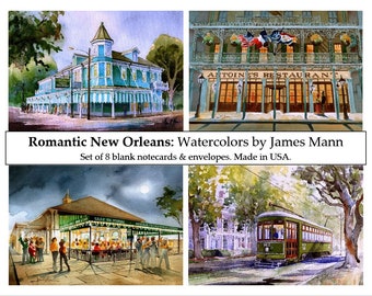 Romantic New Orleans Notecard Gift Set. Streetcar, Antoine's Restaurant, Commander's Palace, Cafe du Monde. James Mann watercolor art.