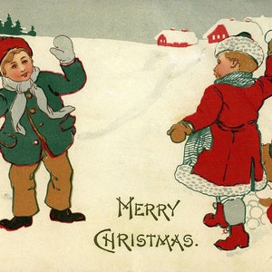 Joyeux combat de boules de neige de Noël. Garçon, fille et petit frère jouant dans la neige à la ferme. Cartes de paysage vierges 5x7 de vœux de vacances vintage