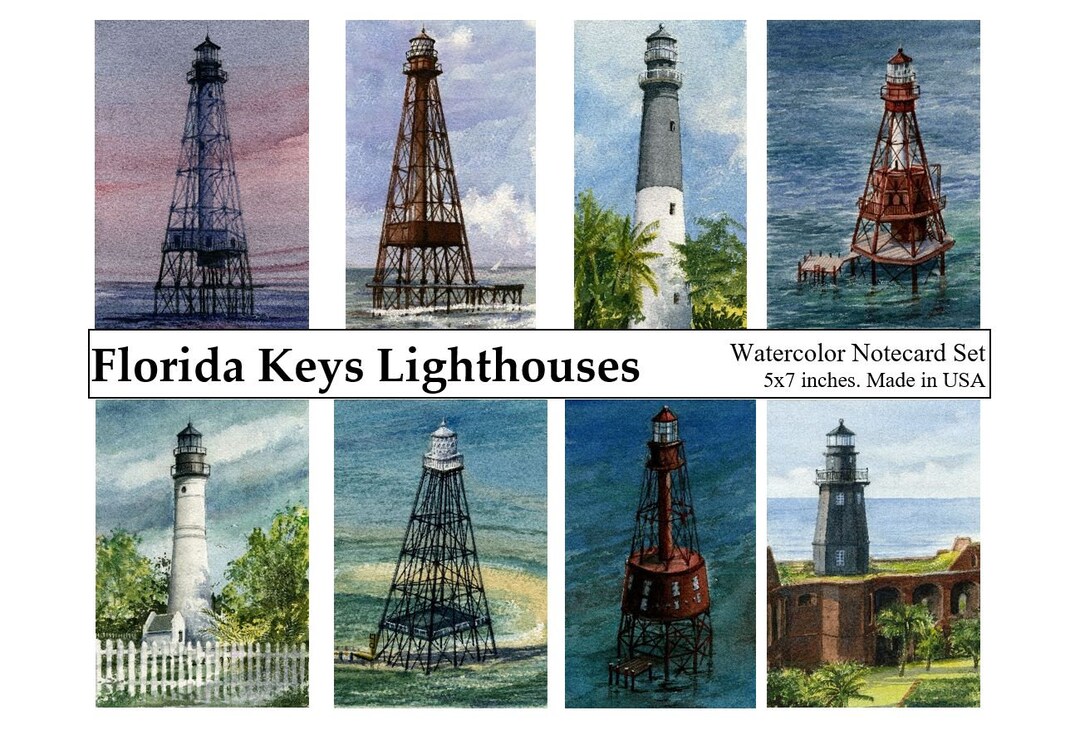 Florida Keys Lighthouses Notecard Collection. Beautiful Watercolors of