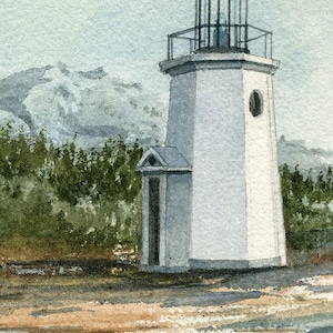 Gig Harbor Lighthouse & Mt. Rainier, Washington. Gerald Hill watercolor portrait prints, notecards.