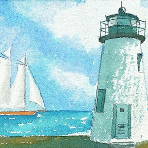 Phare de Concord Point et voilier sur la baie de Chesapeake, Havre de Grace, Maryland. Impressions d'art paysager à l'aquarelle Peter M. Mason, cartes pour notes.