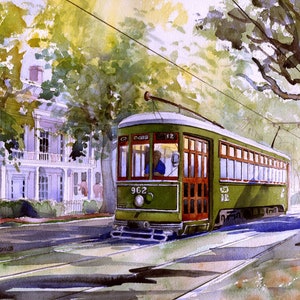 New Orleans Garden District Streetcar. Romantic Watercolor Art Print. 11x14" giclée. James Mann landscape