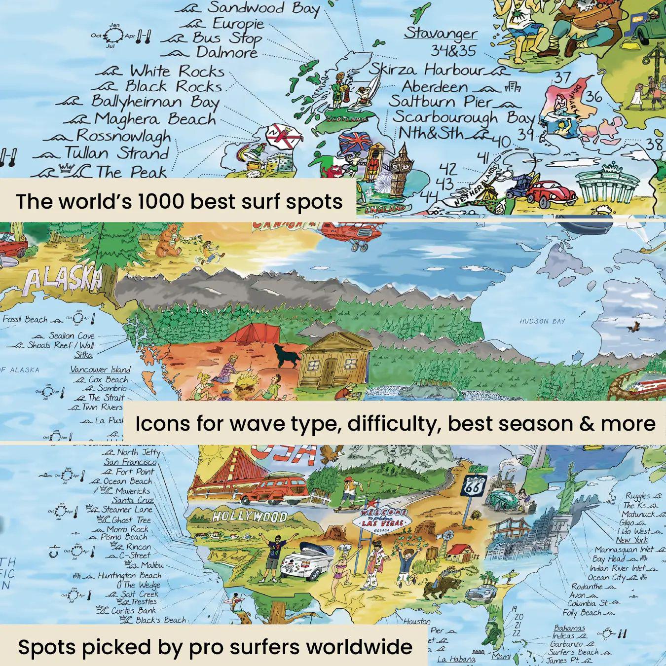 World Surfing Wall Map. Best 1000 Surf Spots & Beaches on Earth. Hand ...