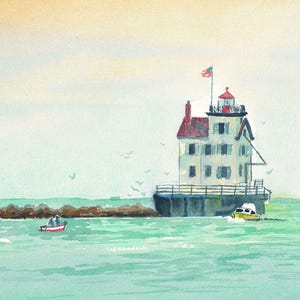 May include: A watercolor painting of a white lighthouse with a red roof on a pier. The lighthouse has a flag flying from the top. There are two small boats in the water in front of the lighthouse.