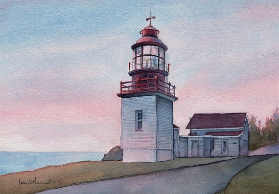 Cap Chat Phare Coucher De Soleil Romantique Sur La Péninsule Gaspésienne Québec Canada James Mann Aquarelle Paysage Imprime 5 X 7 Cartes De