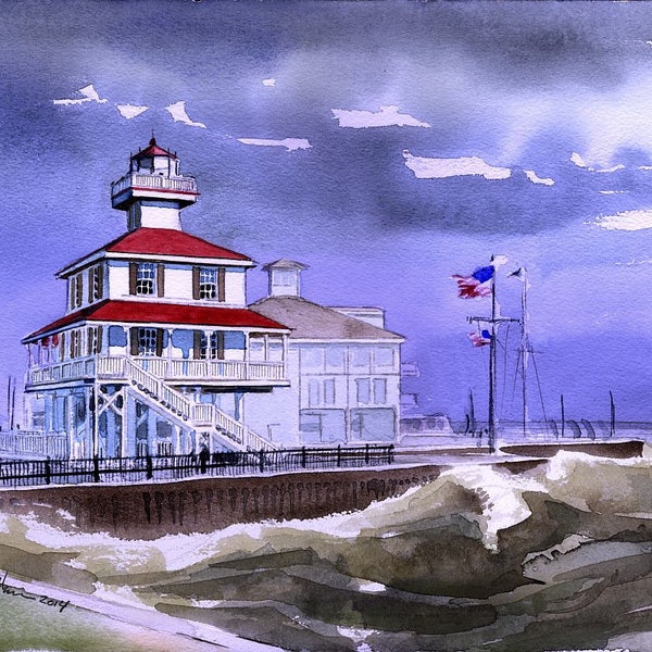 New Canal Lighthouse & US flag, New Orleans, Louisiana. Stormy Lake Pontchartrain landscape. James Mann watercolor art prints, notecards.