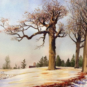 Peut inclure: Une peinture à l'aquarelle d'un paysage d'hiver avec un grand arbre au premier plan et une petite grange rouge au loin. L'arbre a des branches nues et est recouvert de neige. Le ciel est d'un bleu clair et il y a des nuages au loin.