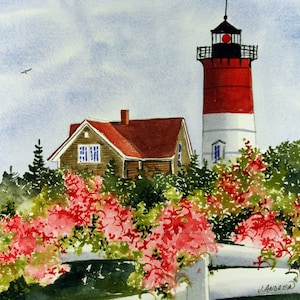 Phare de Nauset Beach, Cape Cod, Mass. Paysage d'été avec tour au sommet rouge, roses, clôture blanche. Jean Andrew estampes aquarelles, cartes pour correspondance