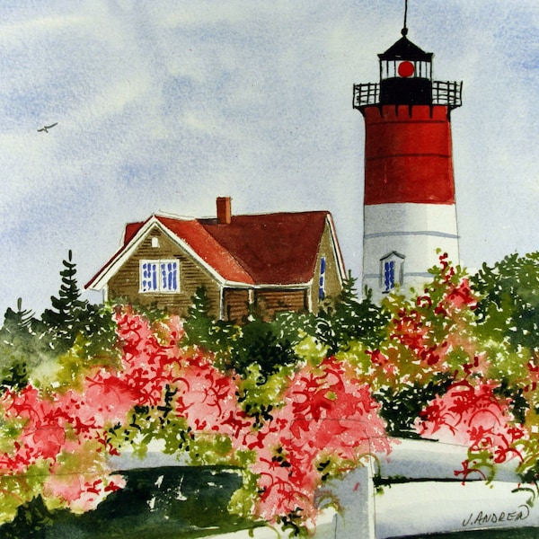 Nauset Beach Lighthouse, Cape Cod, Mass. Summer landscape of red-topped tower, roses, white fence. Jean Andrew watercolor prints, notecards