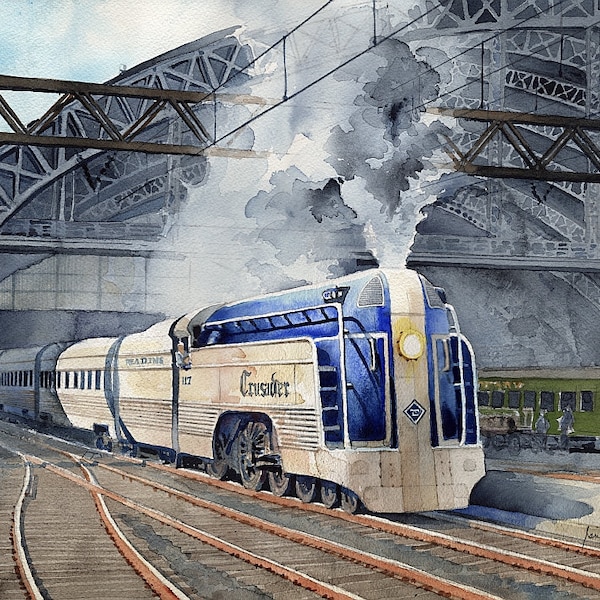 Reading RR Crusader #117, Philadelphia, Penna. Art Deco steam streamliner. James Mann watercolor landscape train prints & notecards.