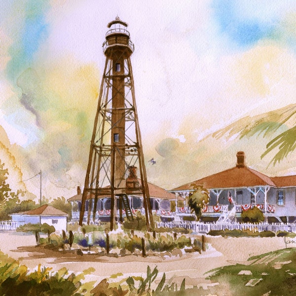 Sanibel Island Lighthouse & Keepers' Cottages Fridge Magnet 3.5x5". Florida Gulf Coast pre-Hurricane Ian. James Mann watercolor landscape.