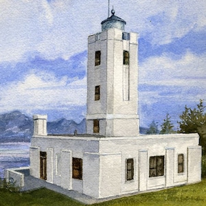 Five Finger Islands Lighthouse, Alaska Inside Passage, Art Deco tower. Gerald Hill watercolor portrait art prints, notecards.