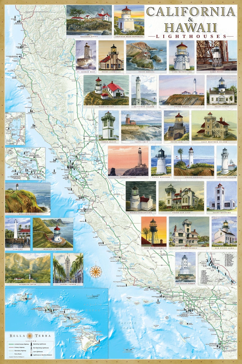May include: A map of California and Hawaii featuring illustrations of lighthouses along the coast. The map includes a key with symbols for different types of lighthouses. The title of the map is "California & Hawaii - Lighthouses".