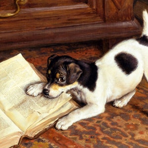 Cute Jack Russell terrier puppy chewing open book. Vintage Victorian landscape art prints & cards. Gift for dog lovers