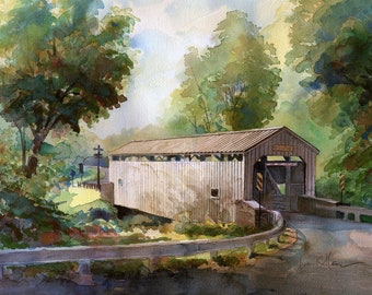 Keller's Mill Covered Bridge, Ephrata, Lancaster County, Pennsylvania. Glowing summer landscape. James Mann watercolor prints, notecards
