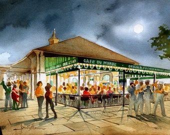 Cafe du Monde, New Orleans. Romantic full moon over French Quarter landmark & jazz band. James Mann watercolor landscape prints, notecards