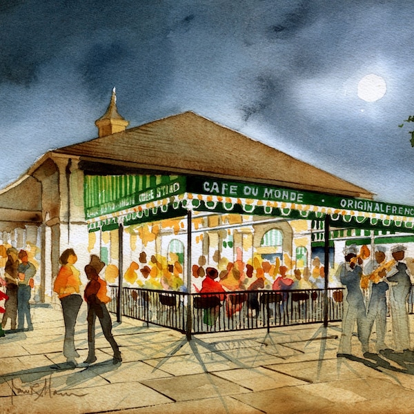 Cafe du Monde, New Orleans. Romantic full moon over French Quarter landmark & jazz band. James Mann watercolor landscape prints, notecards