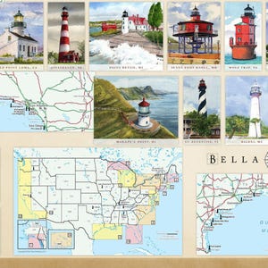 May include: A map of the United States with a focus on lighthouses. The map shows the location of lighthouses along the coastlines of the Pacific Ocean, Atlantic Ocean, and Gulf of Mexico. The map also includes a key that identifies the different types of lighthouses.