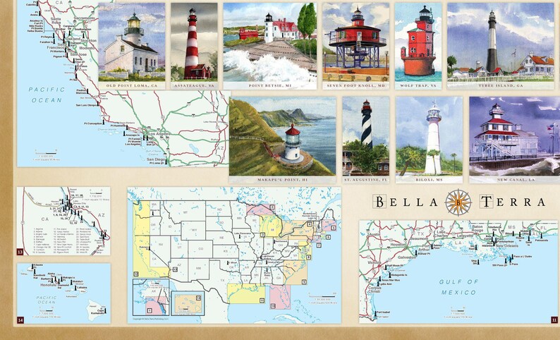May include: A map of the United States with a focus on lighthouses. The map shows the location of lighthouses along the coastlines of the Pacific Ocean, Atlantic Ocean, and Gulf of Mexico. The map also includes a key that identifies the different types of lighthouses.
