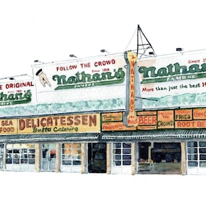 Célèbres hot-dogs de Nathan, Coney Island. Traiteur new-yorkais. Impressions de paysages à l'aquarelle de Rob Thorpe, cartes de correspondance. Cadeau parfait pour les amateurs de hot-dogs.