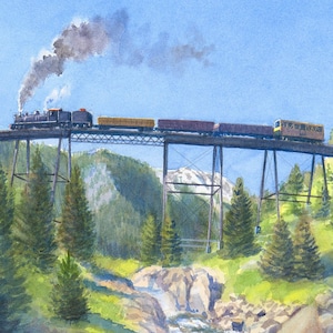 May include: A watercolor painting of a steam train crossing a wooden trestle bridge over a mountain stream. The train is made up of a black steam engine, several boxcars, and a caboose. The train is moving from left to right, and the steam engine is emitting a plume of smoke. The bridge is made of wooden beams and supports, and it is surrounded by green trees. The stream is flowing through a rocky valley, and there are snow-capped mountains in the background.