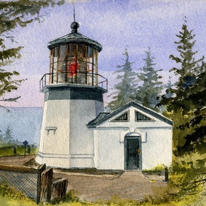 Cape Meares Lighthouse, Netarts, Oregon. Little tower with big lantern in the pines. Gerald Hill watercolor landscape art prints, notecards. Matted print 8x10 inches