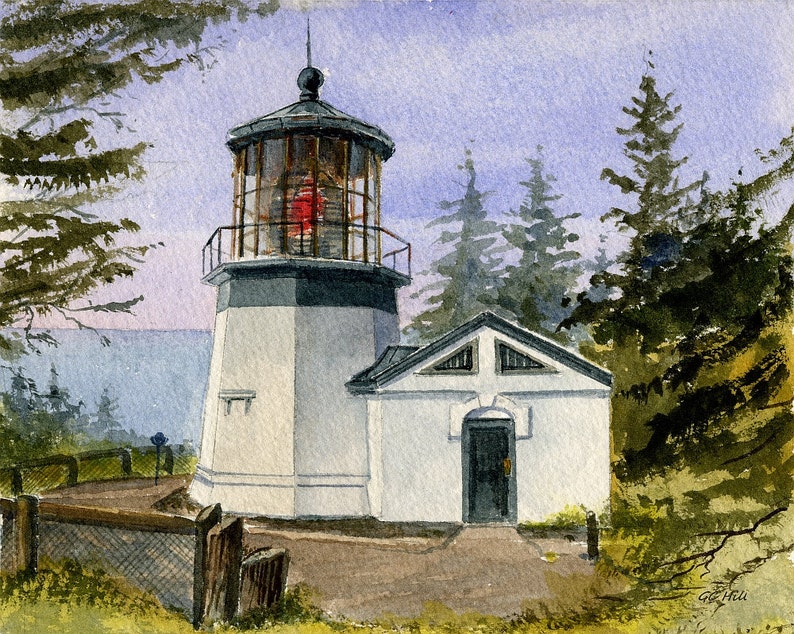 Cape Meares Lighthouse, Netarts, Oregon. Little tower with big lantern in the pines. Gerald Hill watercolor landscape art prints, notecards. Matted print 8x10 inches