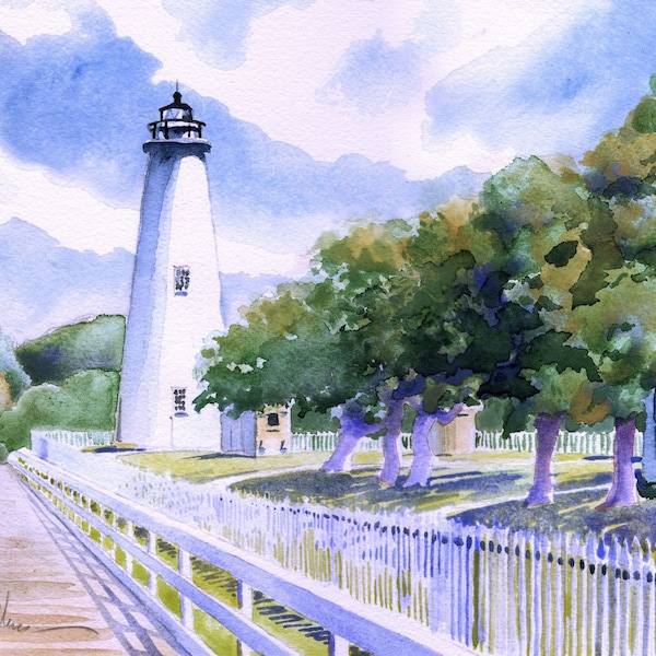 Ocracoke Island Lighthouse Fridge Magnet 3.5x5". North Carolina Outer Banks. James Mann watercolor landscape.